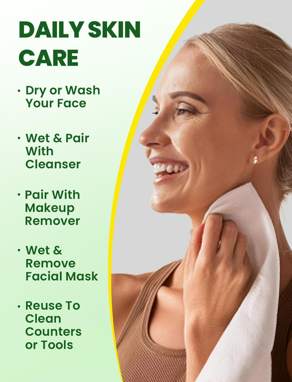 Elvira lint-free towels closeup illustrate safe, comfortable cleansing for all skin types.