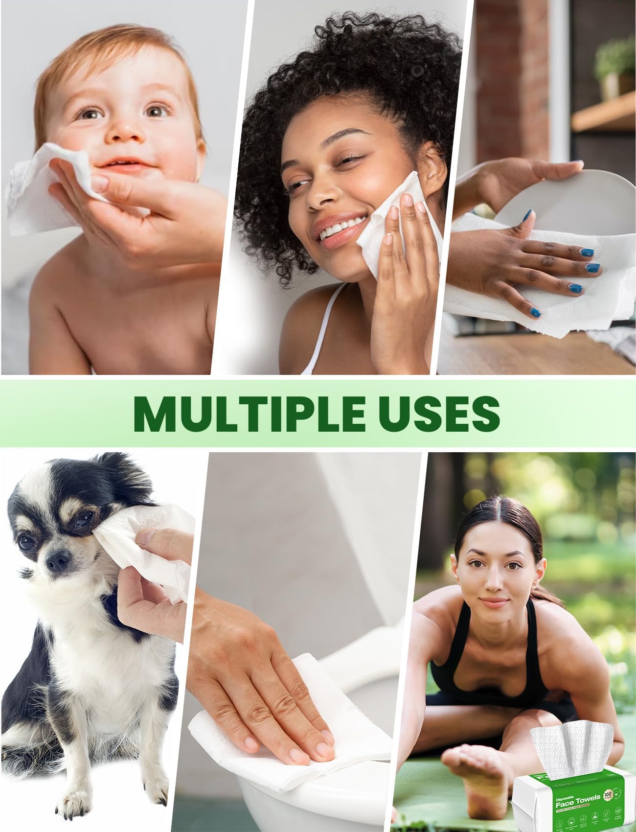 Elvira multipurpose use image shows baby, pet care, and house cleaning options.