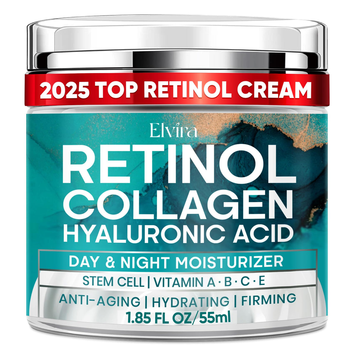 Elvira retinol anti-aging moisturizer bottle shows daily hydration benefits