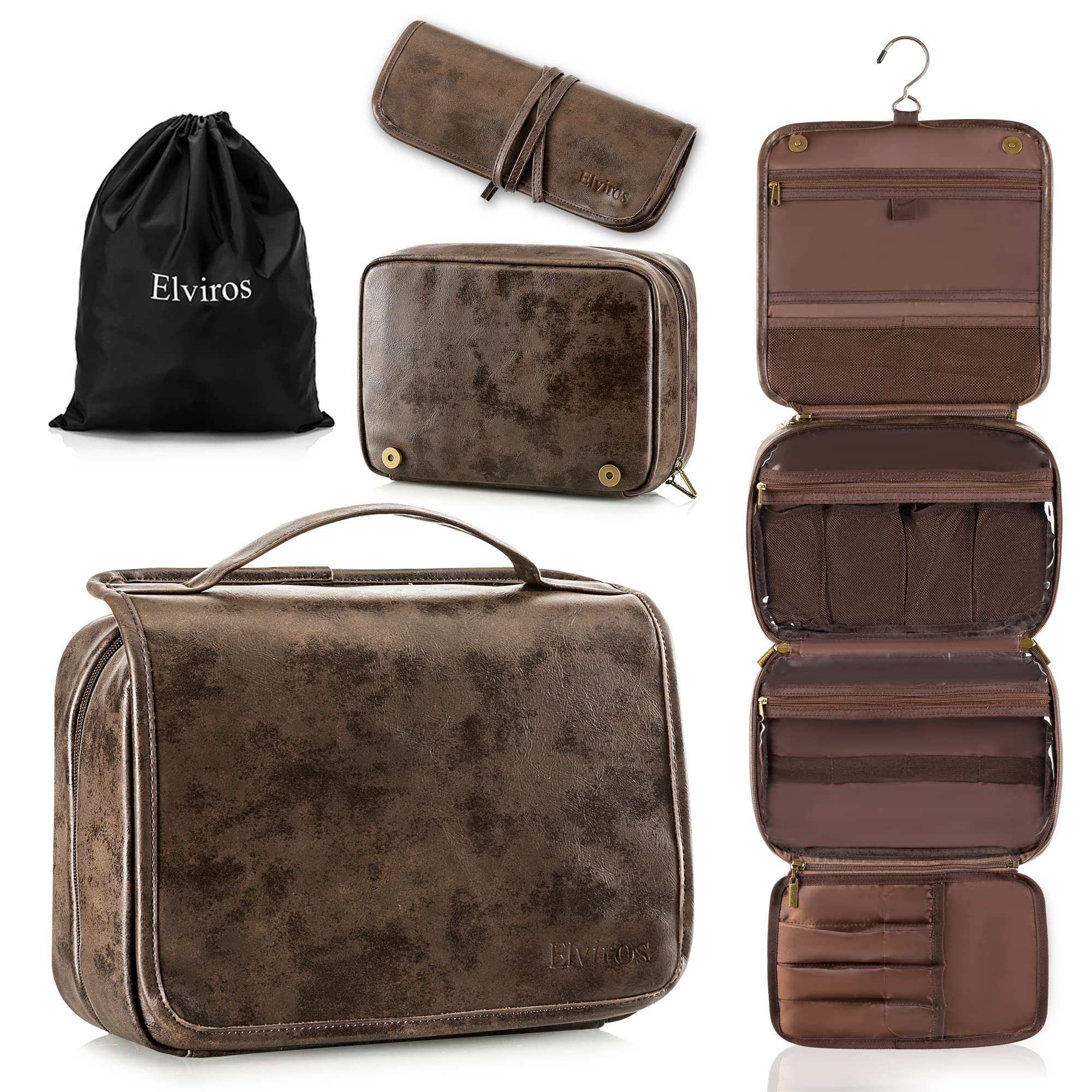 Elviros Hanging Toiletry Bag open full view shows spacious capacity for organized travel gear
