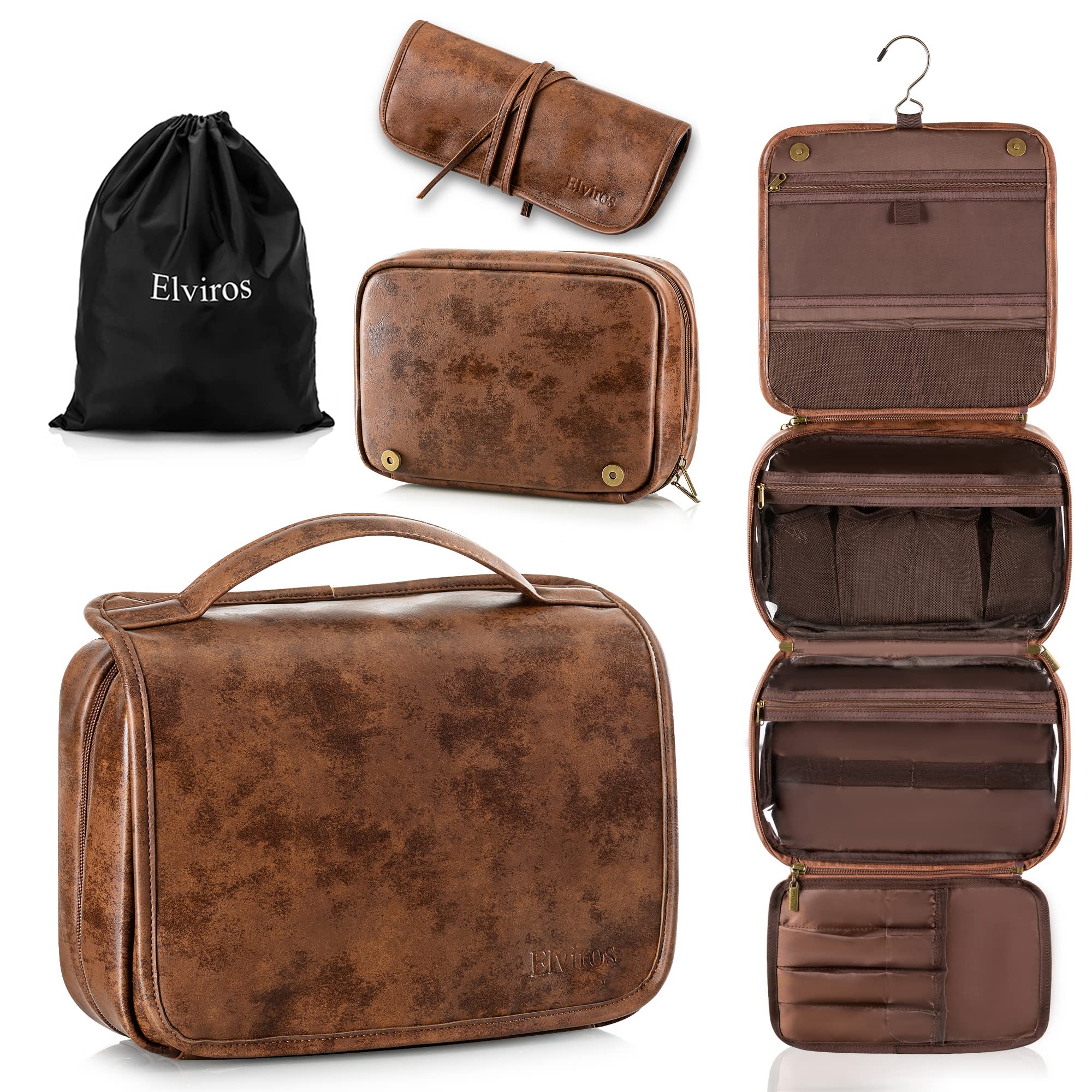 Elviros hanging toiletry bag full view with roomy compartments for easy travel organization.