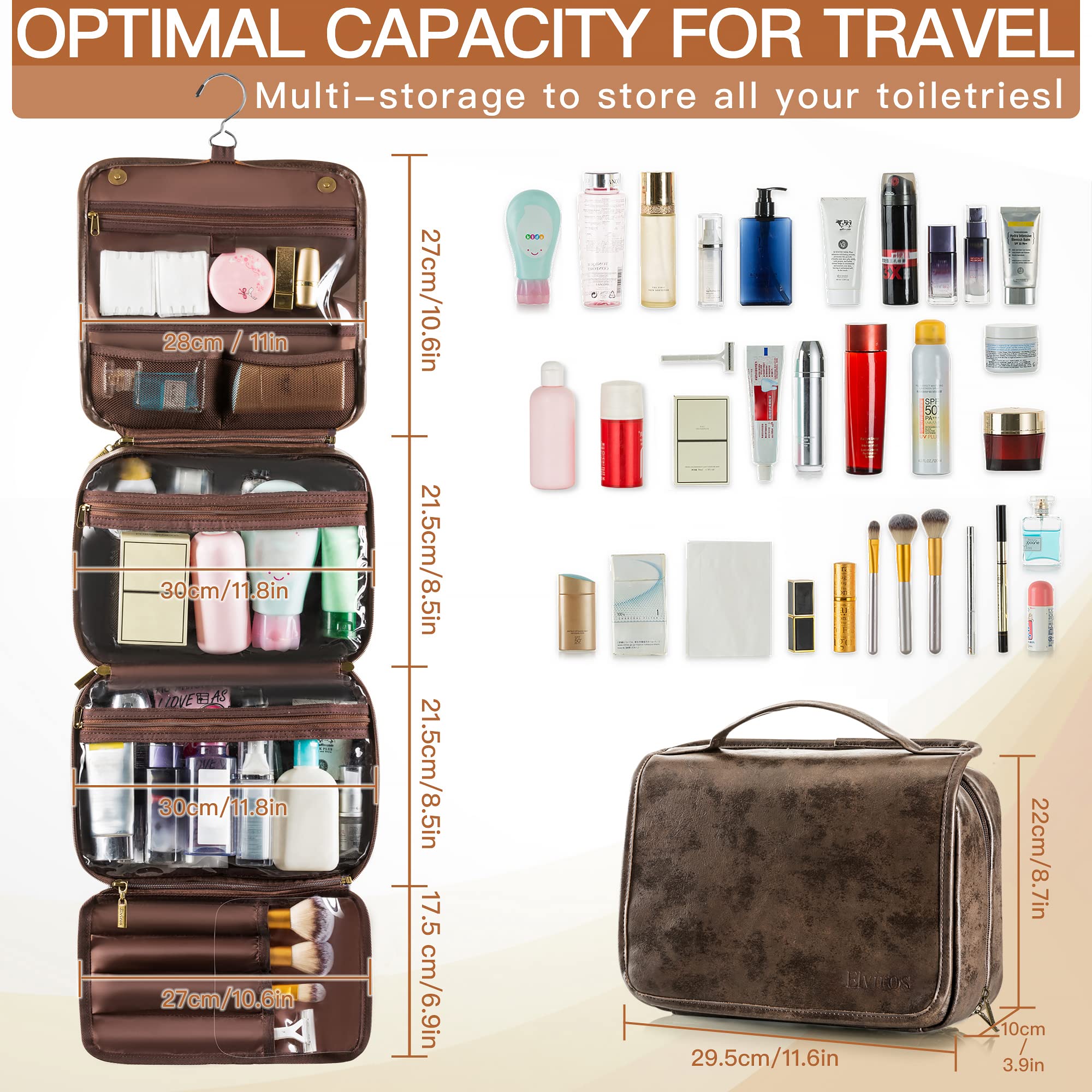 Elviros Hanging Toiletry Bag middle section detachable enables independent use as a compact organizer