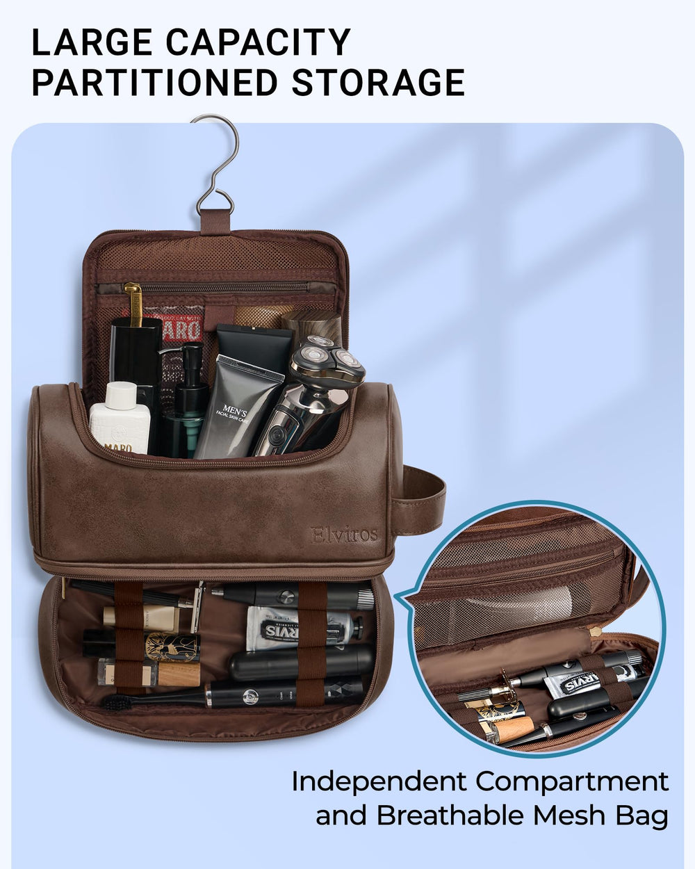 Elviros toiletry bag coffee hanging hook enables easy access in hotels