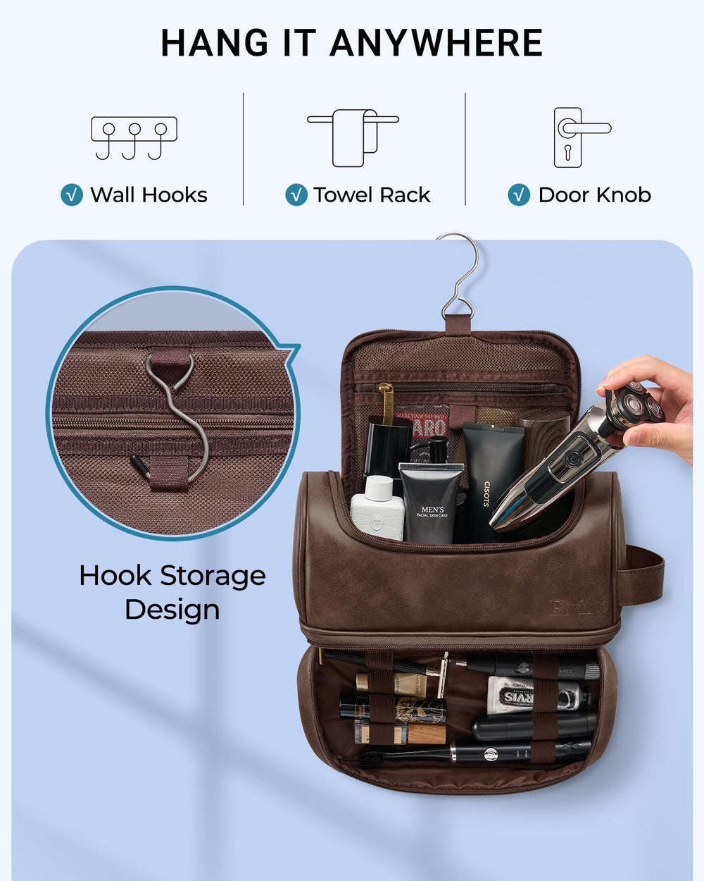 Elviros toiletry bag coffee interior pockets for tidy organization