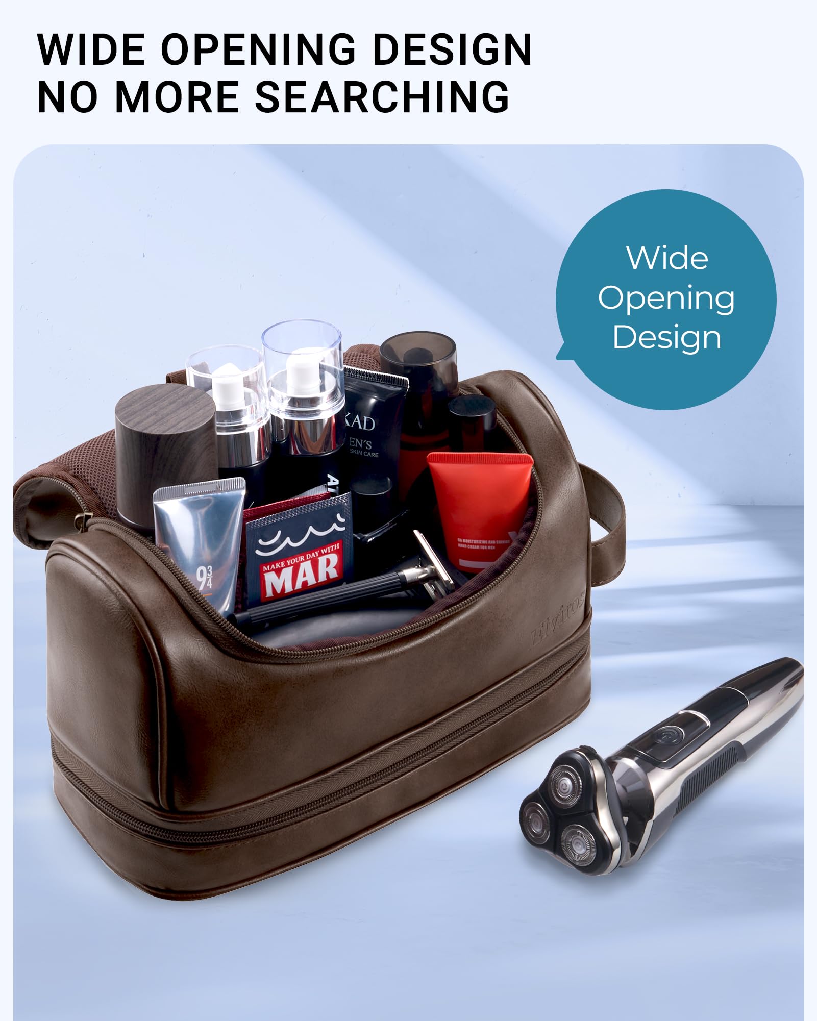 Elviros toiletry bag coffee open compartments organize toiletries on the go