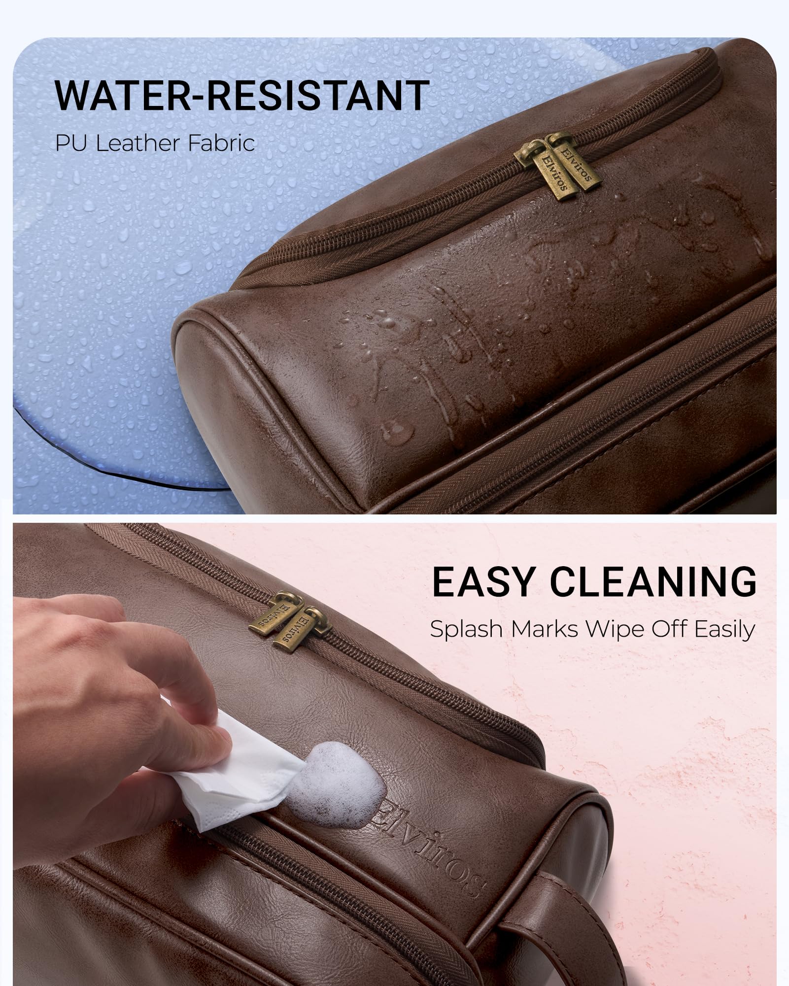 Elviros toiletry bag coffee PU leather detail highlights premium durability and design