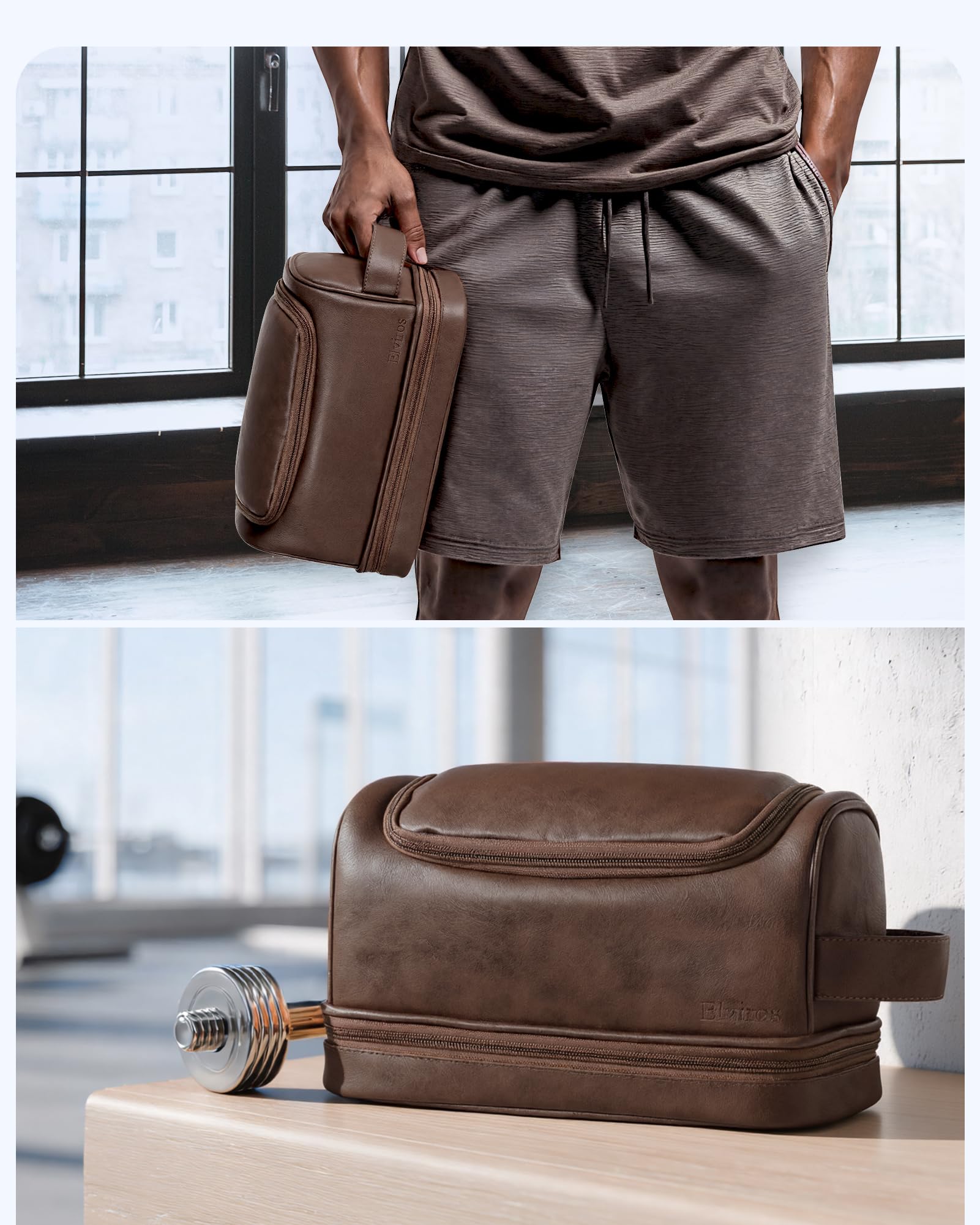 Elviros toiletry bag coffee in-use on a hotel counter demonstrates practical travel utility