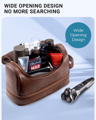 Elviros dark brown toiletry bag top-opening design enabling quick access to essentials.