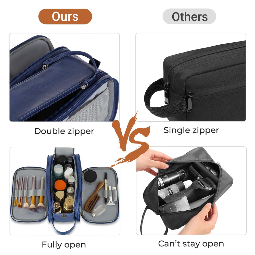 Elviros Toiletry Bag double-zip opening shows quick-access design for toiletries.