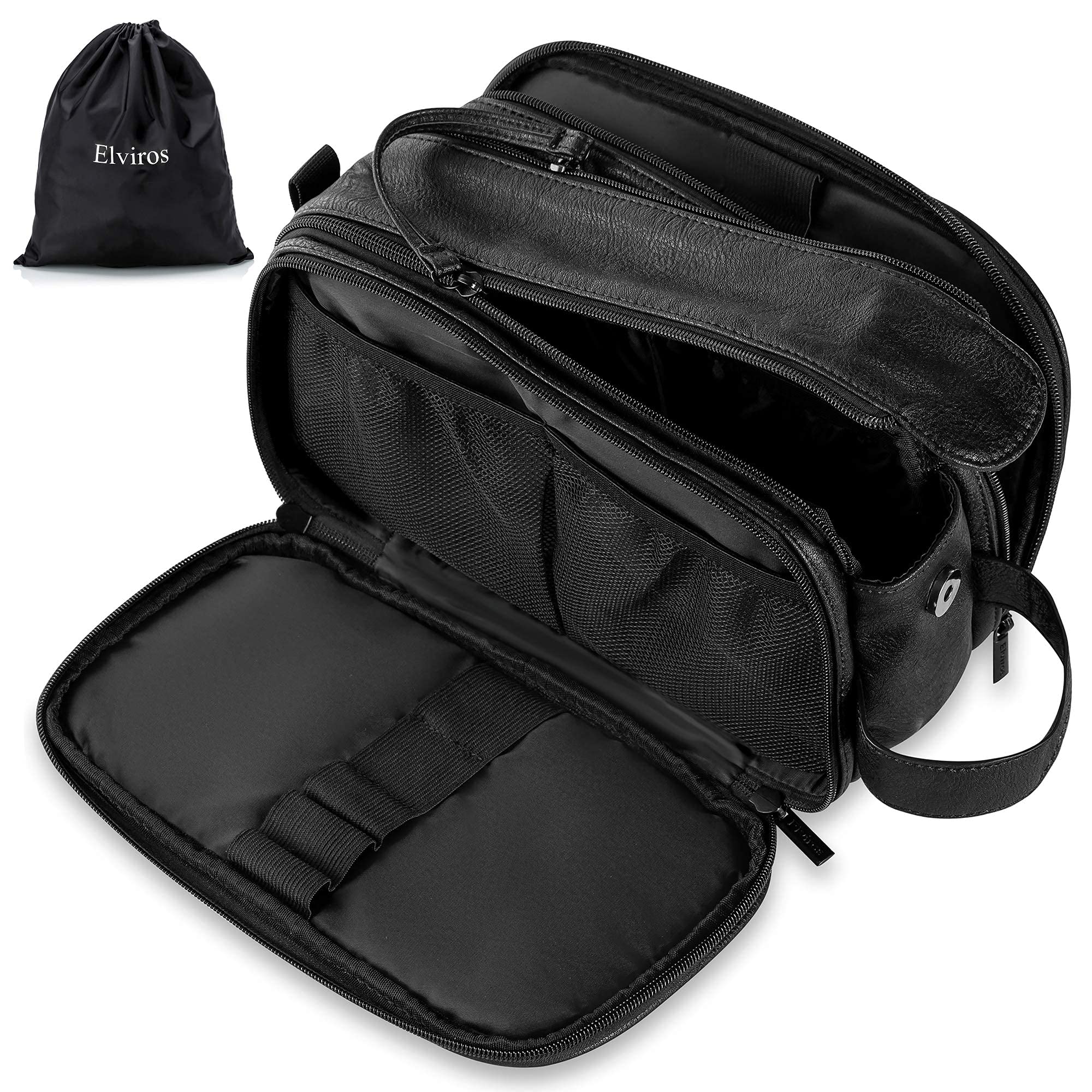 Elviros Toiletry Bag large black front view showing travel-ready, compact look.