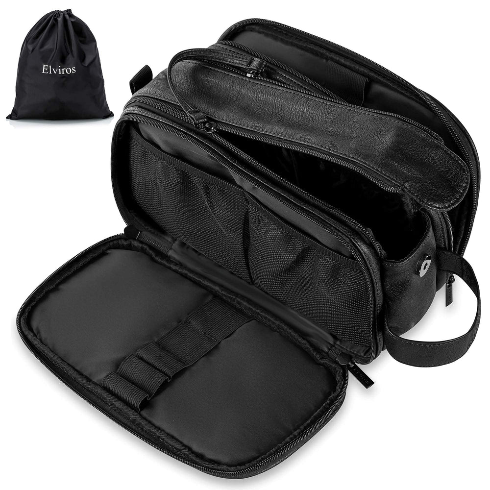 Elviros Toiletry Bag large black front view showing travel-ready, compact look.