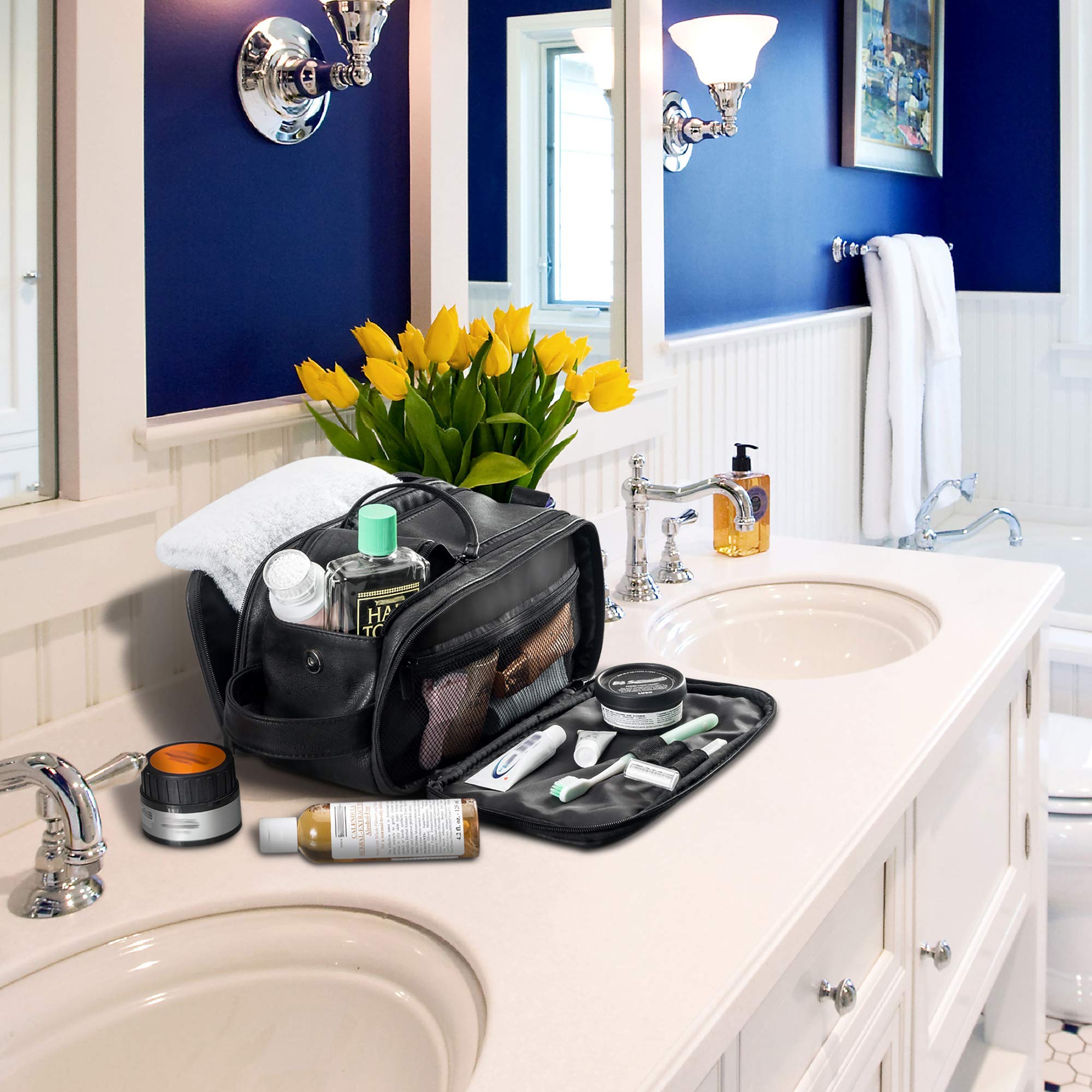 Elviros Toiletry Bag large black interior pockets for organized grooming essentials.