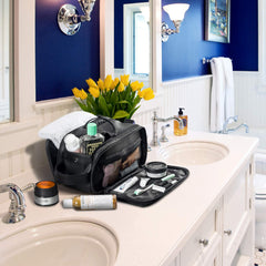 Elviros Toiletry Bag large black interior pockets for organized grooming essentials.