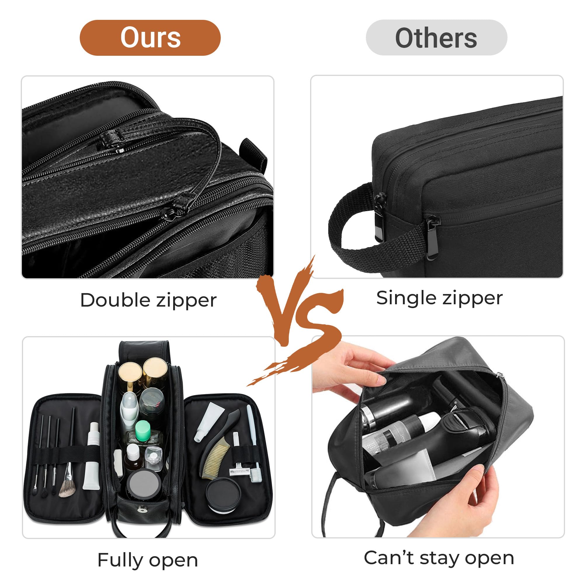 Elviros large-capacity toiletry bag with multiple interior pockets for organization.