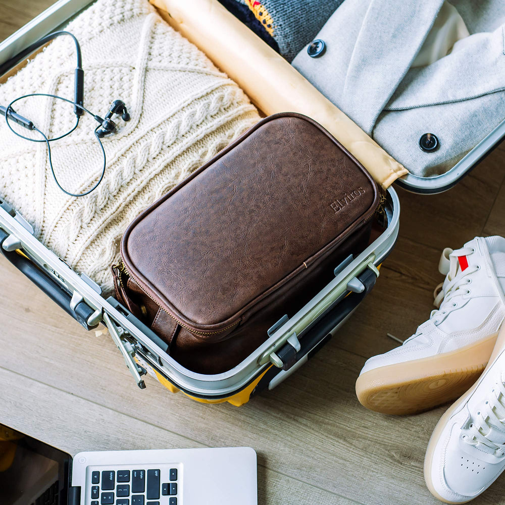 Elviros Toiletry Bag PU leather closeup emphasizes premium materials.