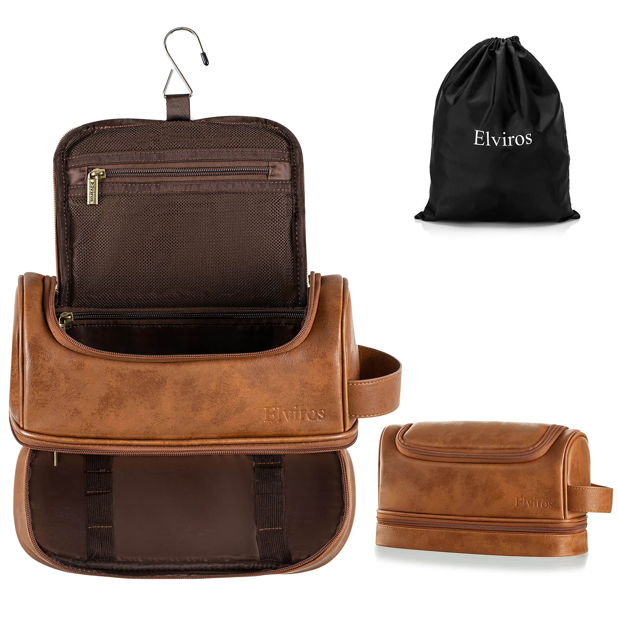 Elviros Toiletry Bag front view in brown demonstrates durable PU leather travel organization