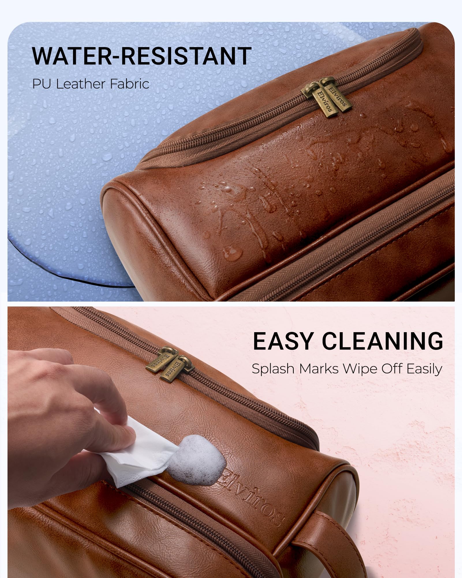 Elviros Toiletry Bag PU leather close-up shows sturdy construction