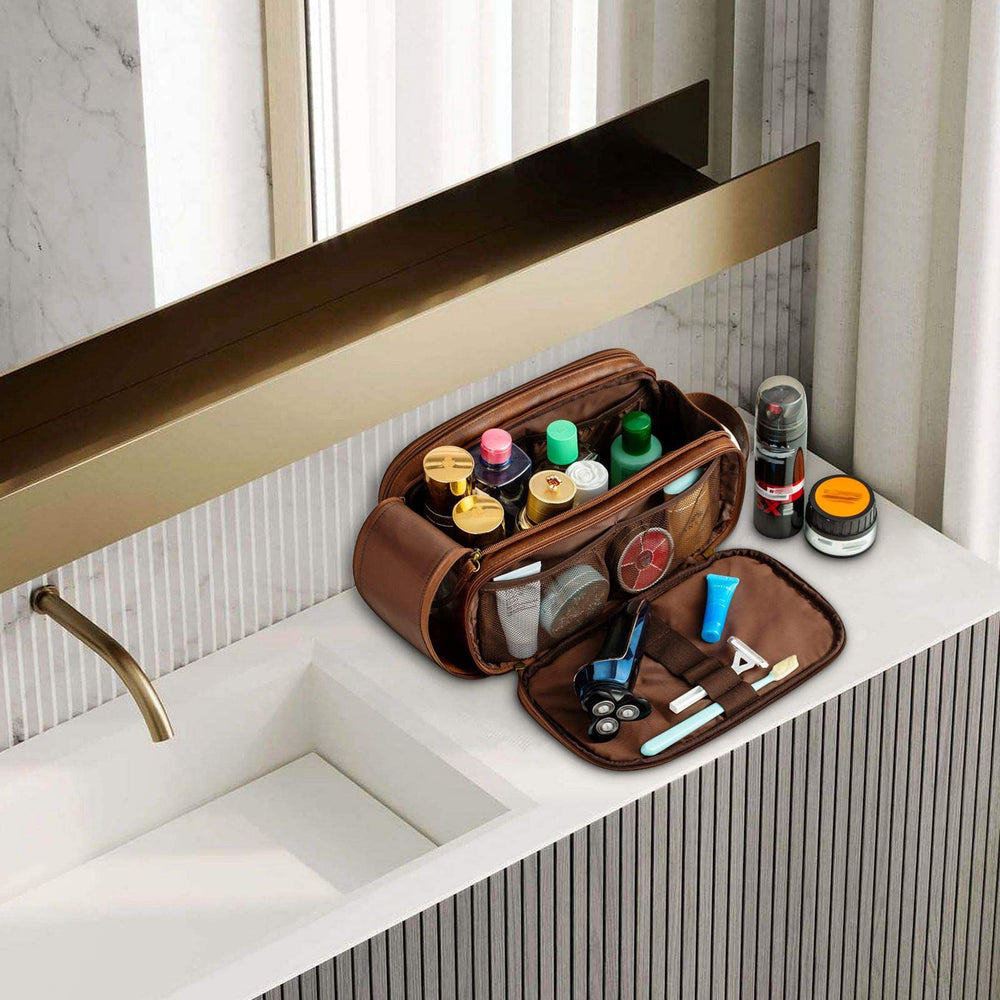 Elviros Toiletry Bag PU leather detail conveys durability and style.
