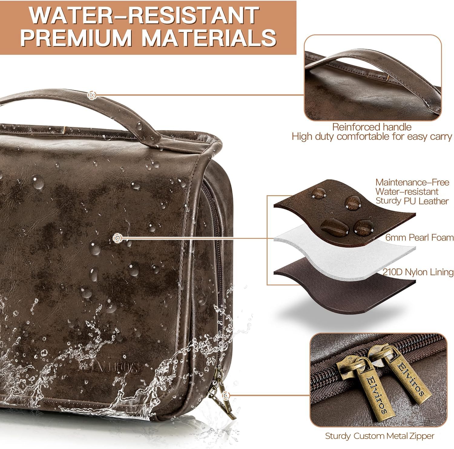 Elviros Hanging Toiletry Bag PU leather material closeup highlights durable water-resistant surface