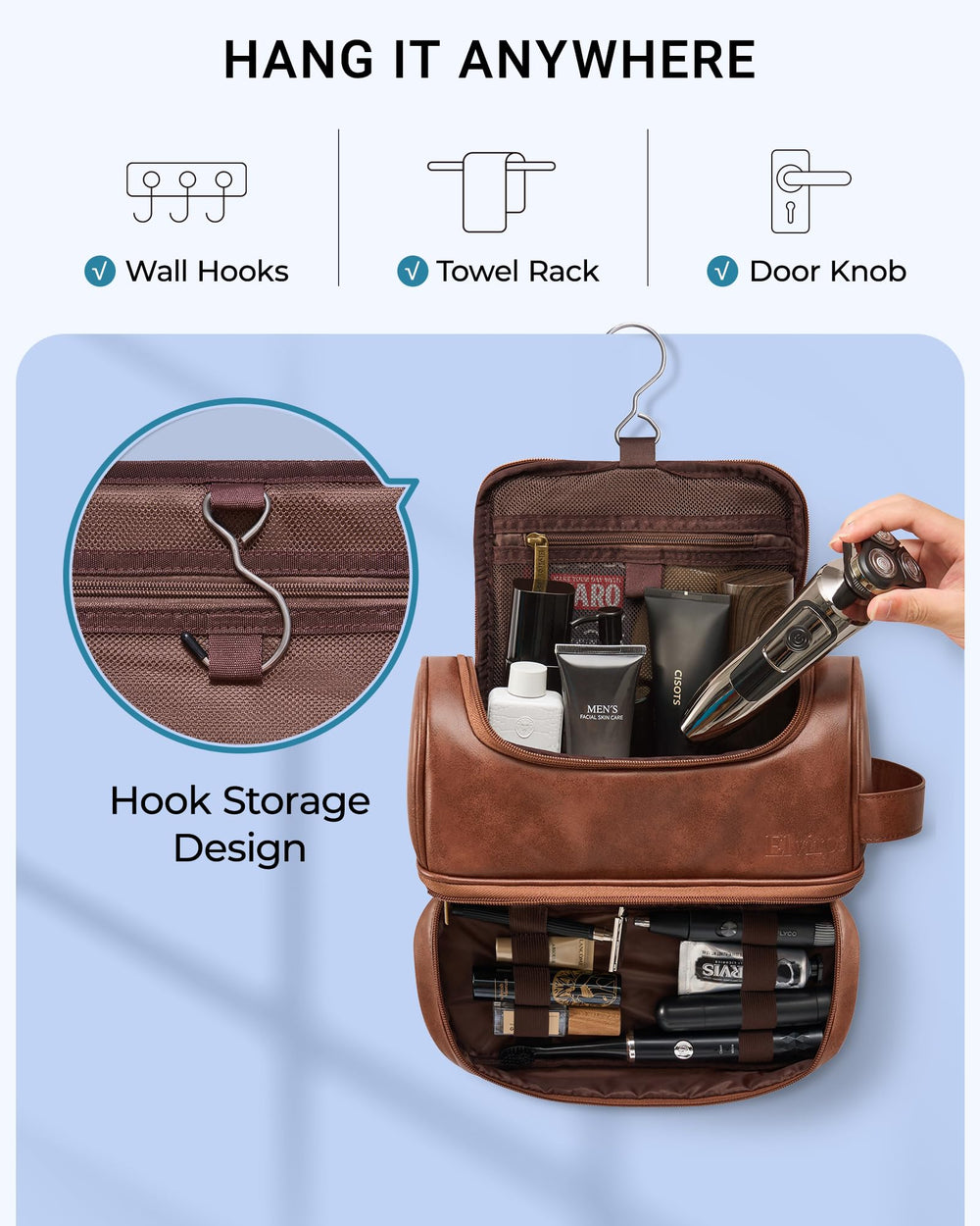 Elviros Toiletry Bag travel-dresser scene suggests versatile bathroom organizer