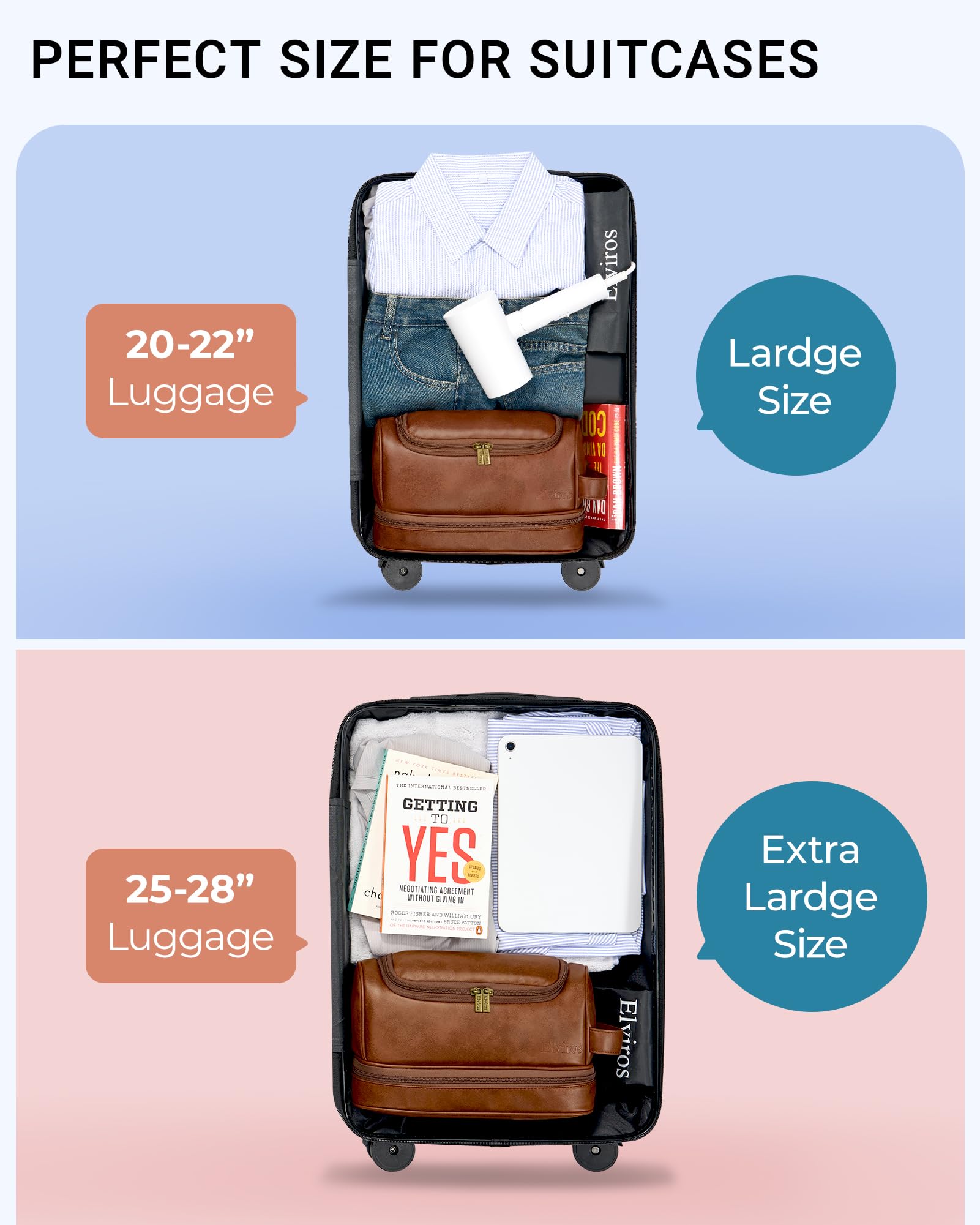 Elviros Toiletry Bag two compartments helps organize toiletries efficiently