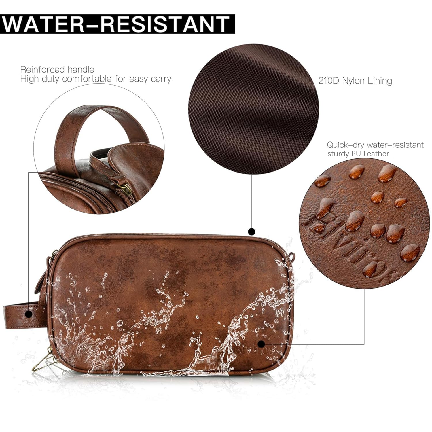 Elviros Toiletry Bag waterproof material keeps contents protected on trips.