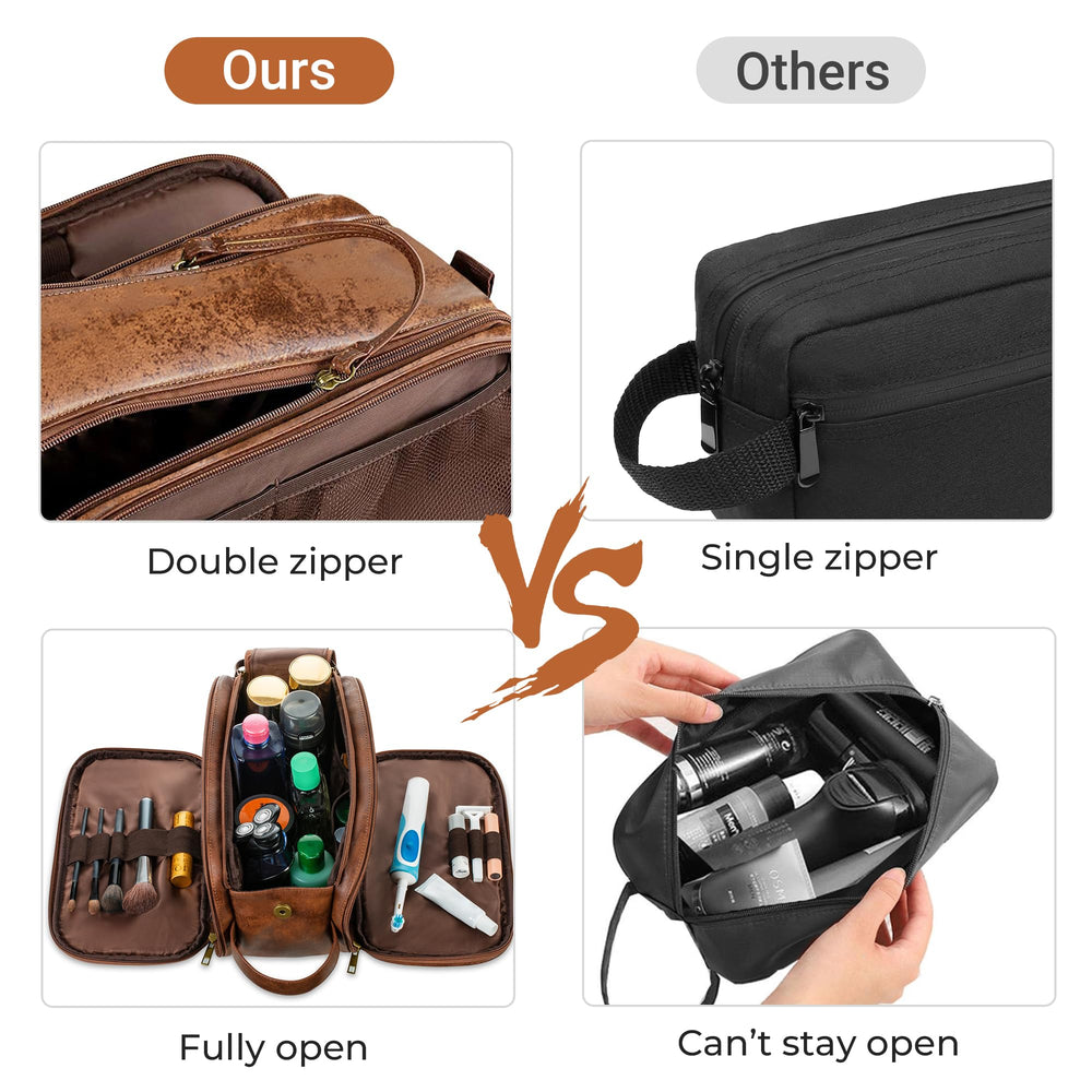 Elviros Toiletry Bag wet-dry separation helps prevent spills in luggage.
