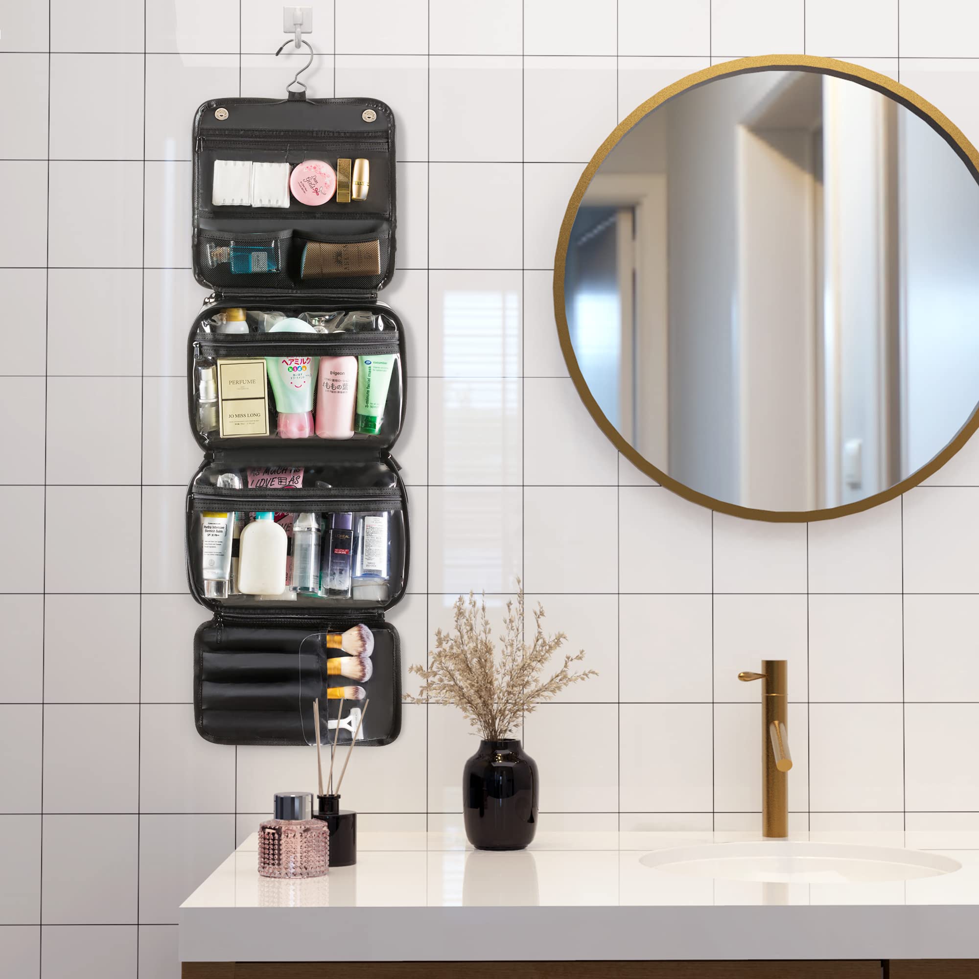 Elviros travel setup in bathroom scene shows easy daily cosmetics organization.