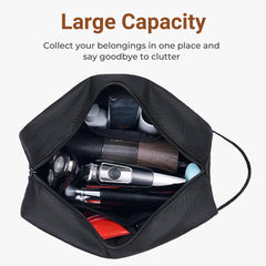 Elviros travel toiletry bag hanging design lets you view items hands-free in hotel bathrooms.