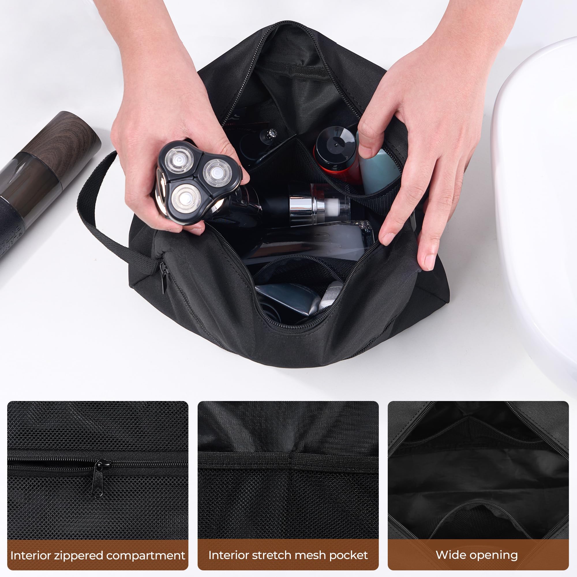 Elviros travel toiletry bag lightweight build reduces travel bulk.