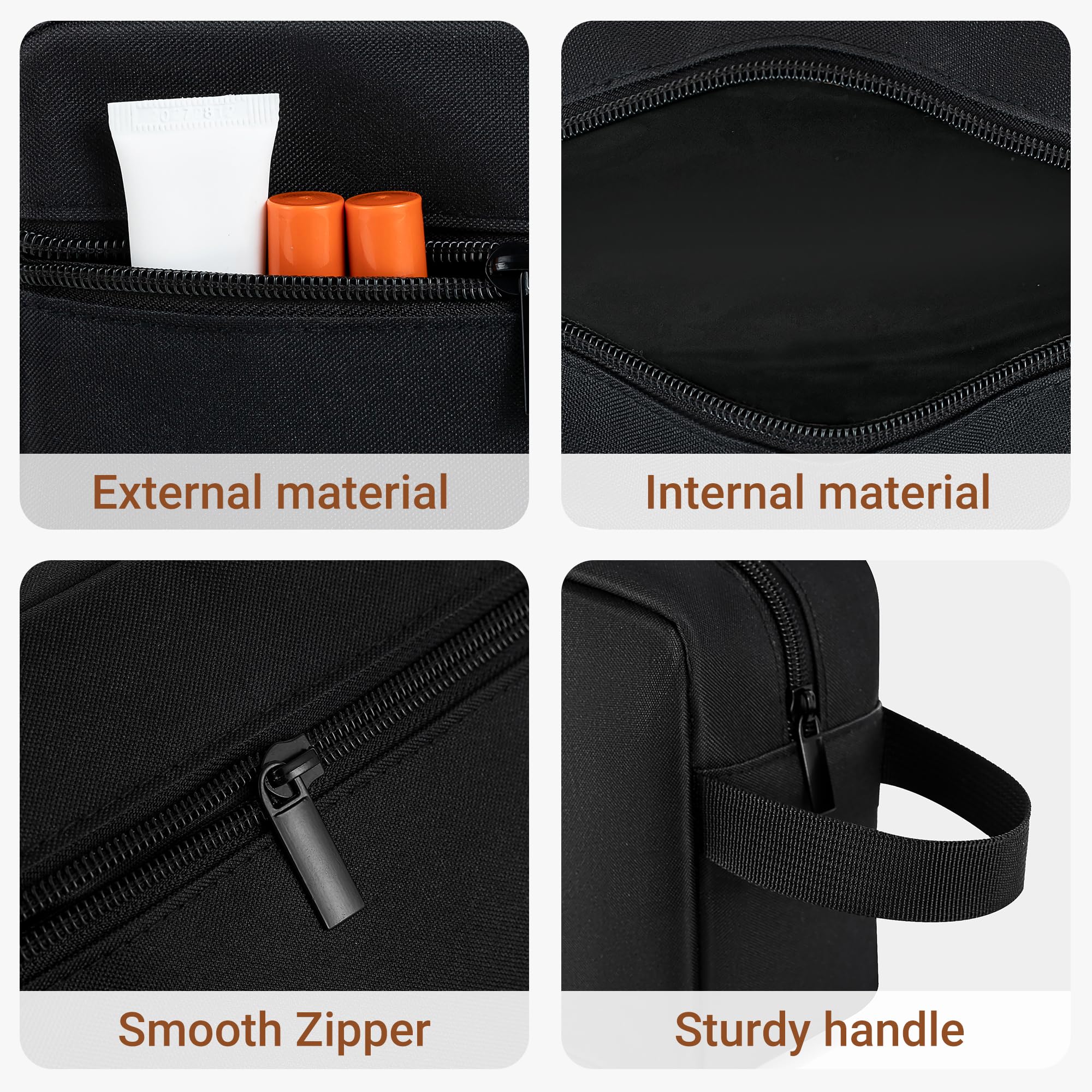Elviros travel toiletry bag 300D fabric provides durability and odor resistance.