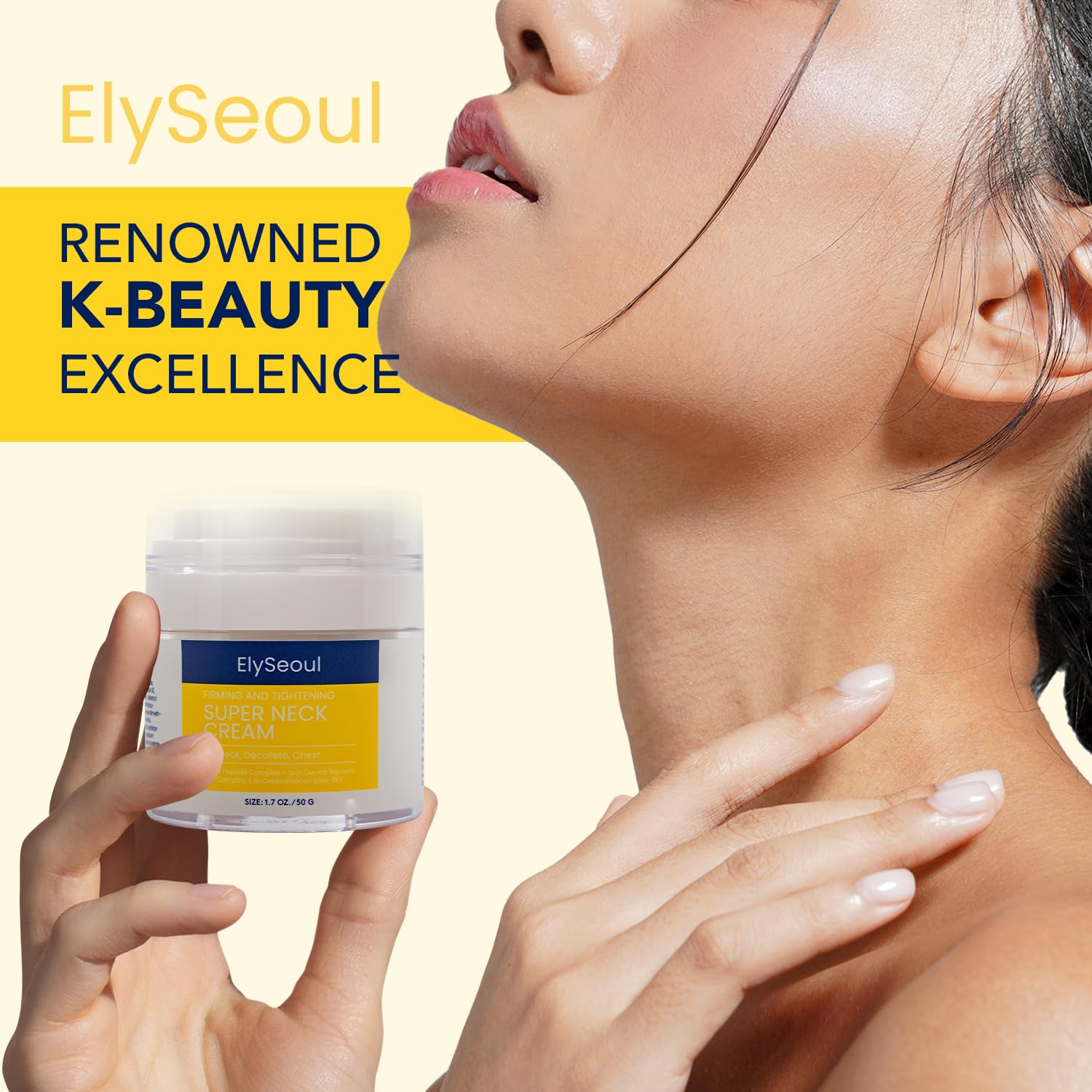 ElySeoul neck cream application on neck demonstrates upward massage for lifting feel.
