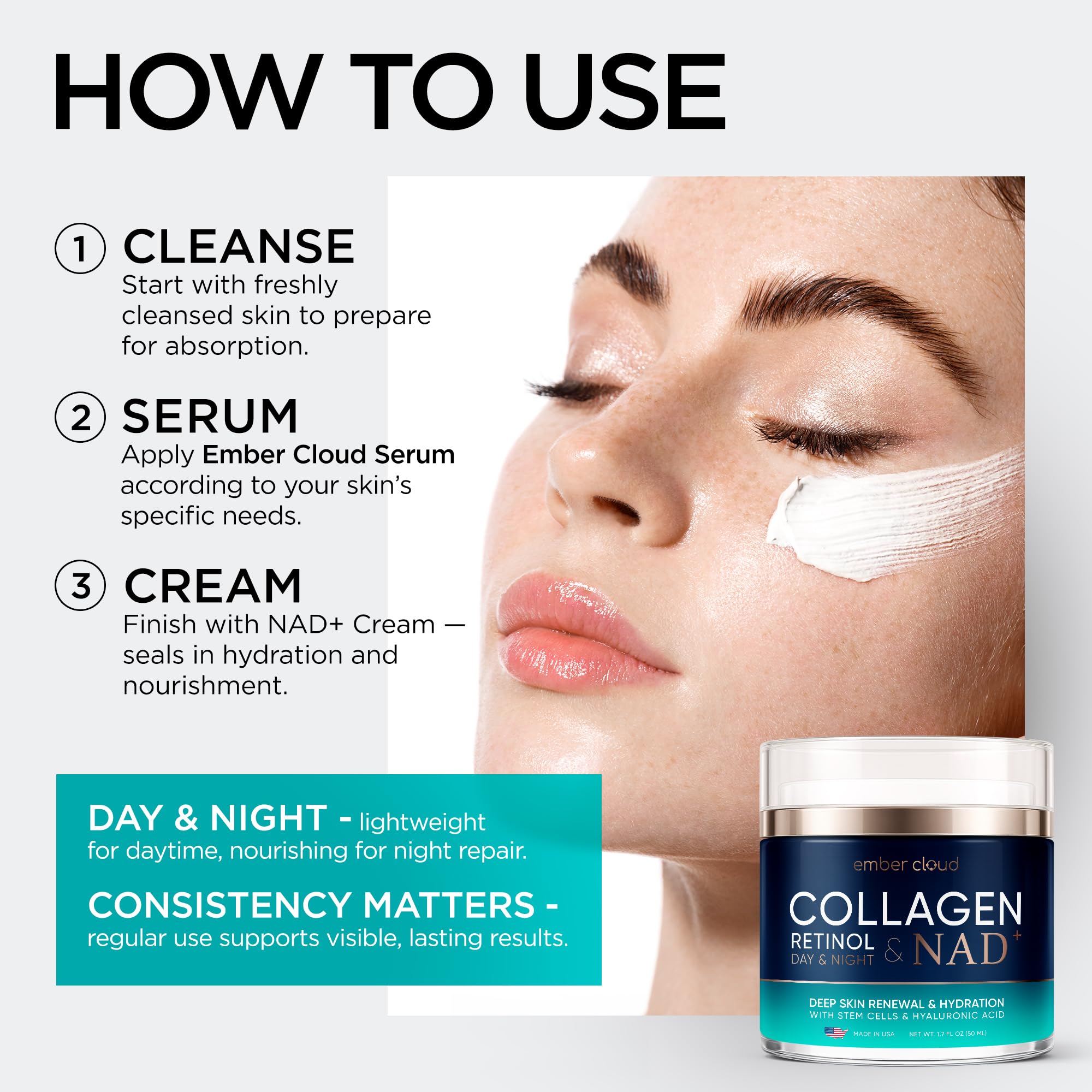 Ember Cloud Collagen NAD+ Cream texture swatch shows creamy consistency.