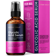 Ember Cloud Glycolic Serum bottle glow texture highlights gentle exfoliation for radiant skin.