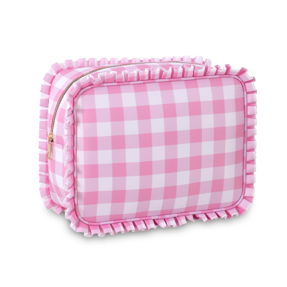EMBRUNIOICE gingham ruffle makeup bag ideal for travel cosmetics organization