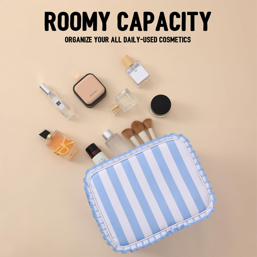 EMBRUNIOICE Stripe Ruffle Makeup Bag zipper-detail emphasizes durability and secure storage.
