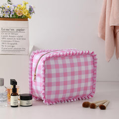 EMBRUNIOICE pink gingham cosmetic bag keeps daily essentials organized