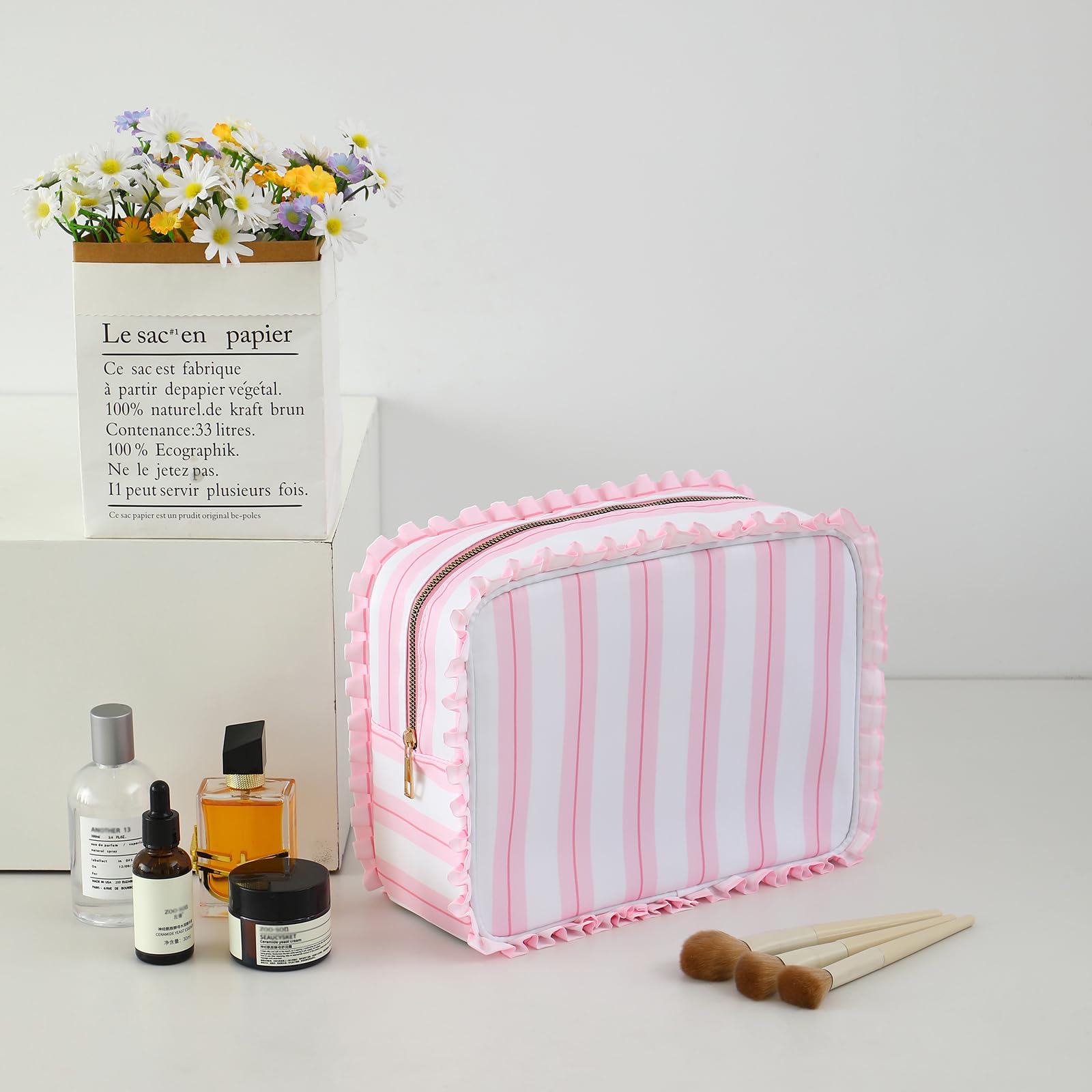 Embrunioice pink-stripe-cosmetic-bag offers lightweight travel storage on the go.