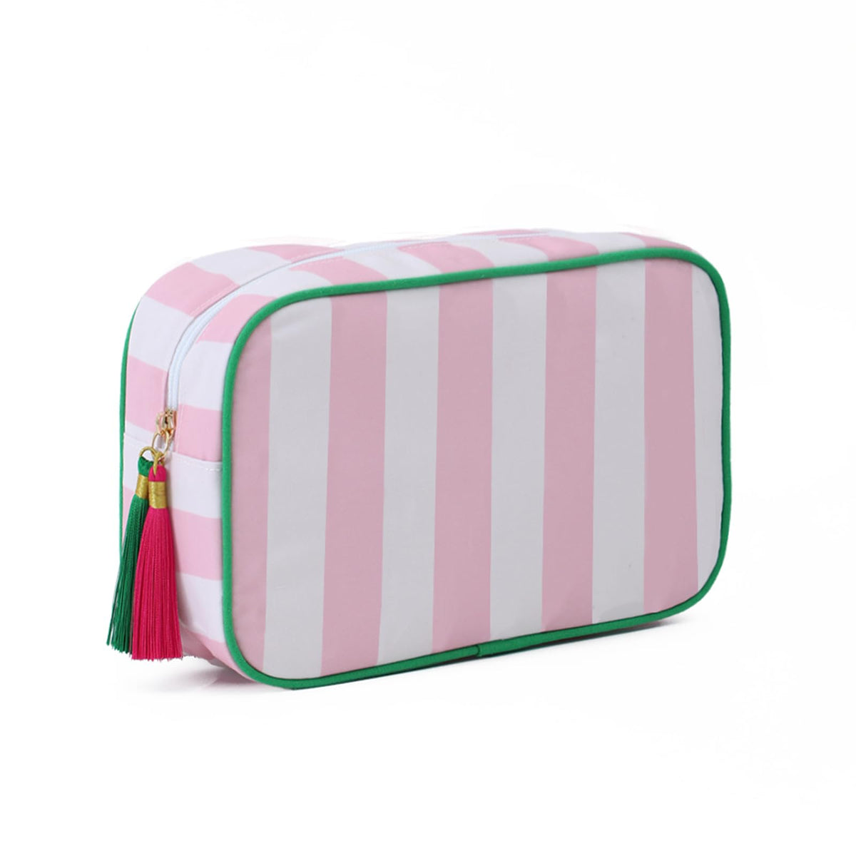 EMBRUNIOICE Stripe Makeup Bag closeup zipper for secure, stylish storage.
