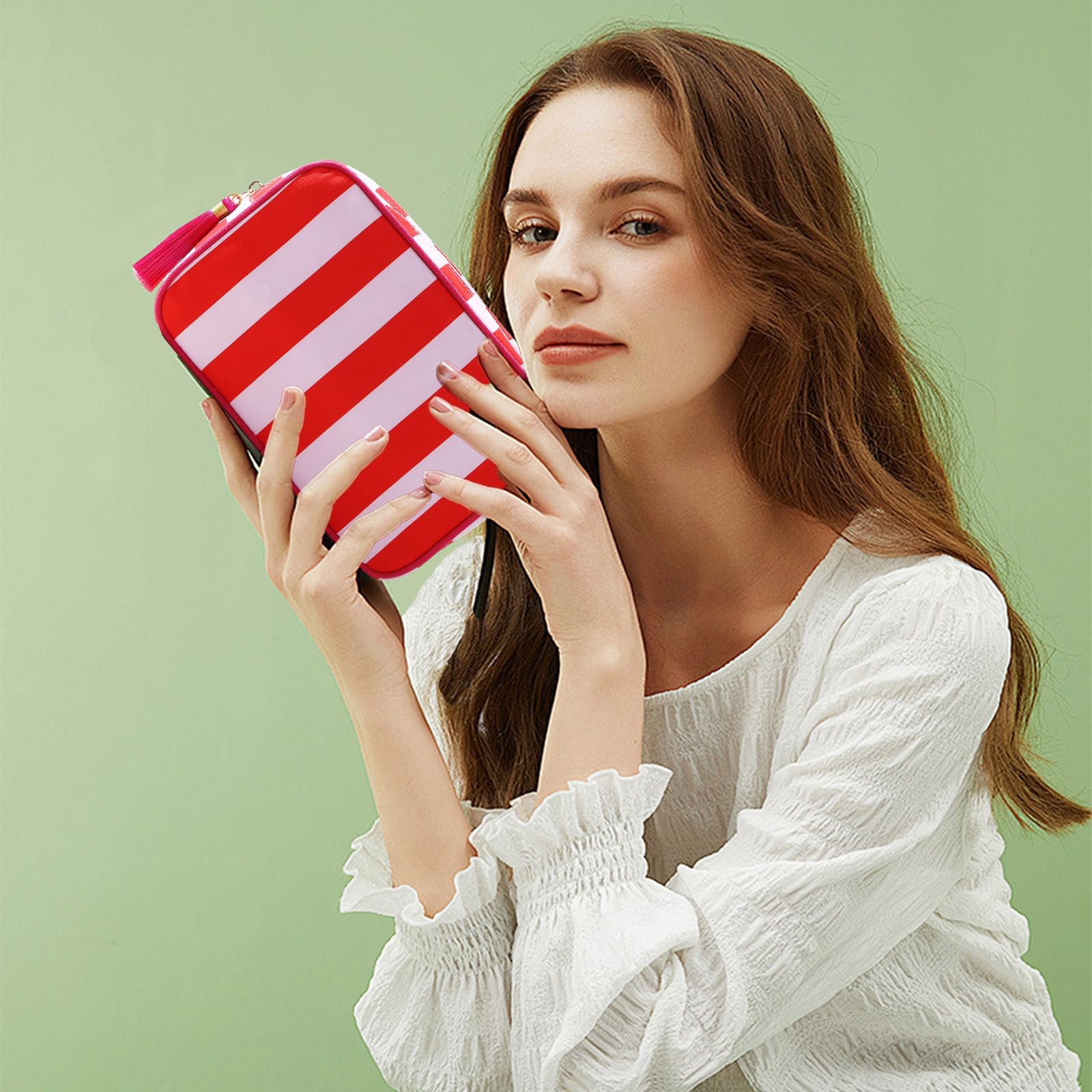 EMBRUNIOICE Stripe Makeup Bag dimensions 9.4x6.1x3.1 inches for travel-ready storage.