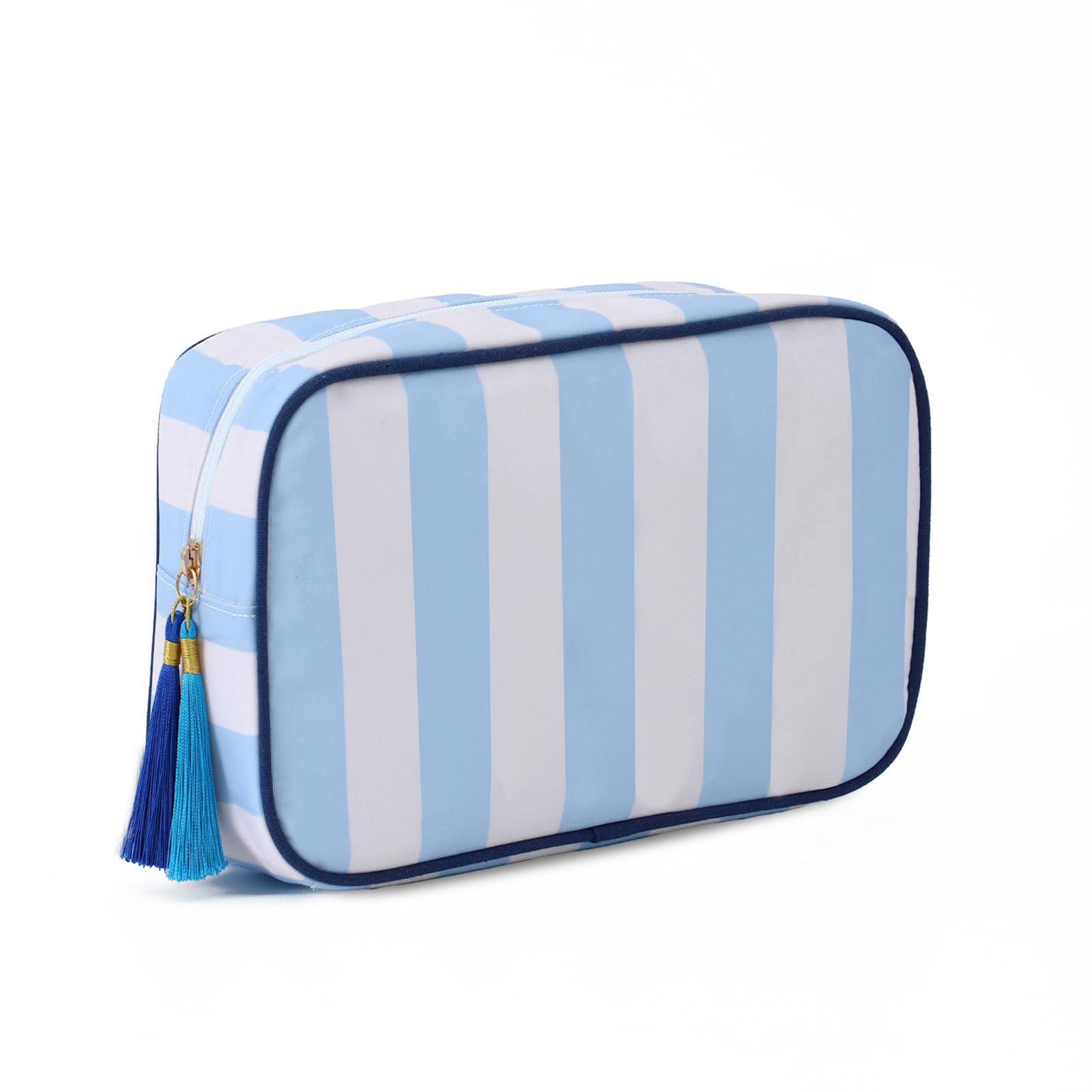 EMBRUNIOICE Stripe makeup bag front view, durable canvas with tassel zipper for daily travel.