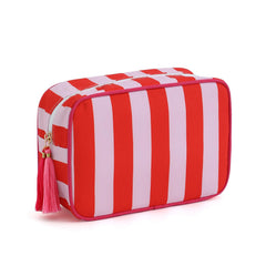 EMBRUNIOICE Stripe Makeup Bag front view, red with pink accents for daily cosmetics.