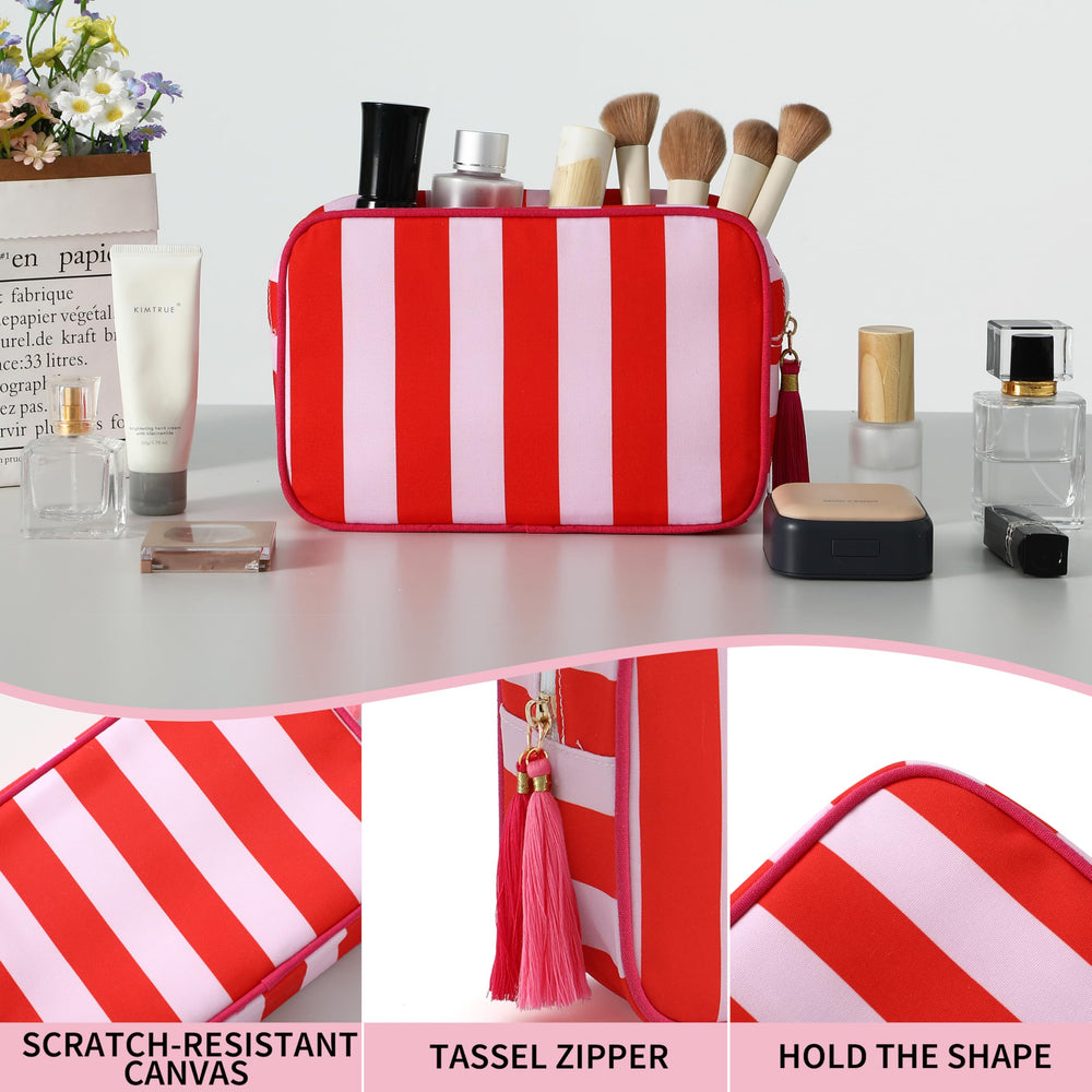 EMBRUNIOICE Stripe Makeup Bag inside view keeping items organized and easy to access.