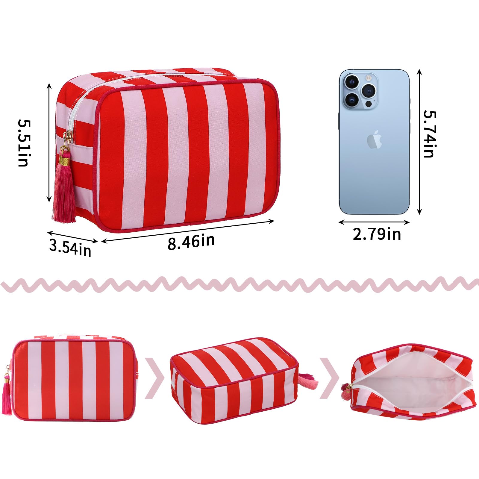 EMBRUNIOICE Stripe Makeup Bag open zipper showing spacious interior for brushes and cosmetics.