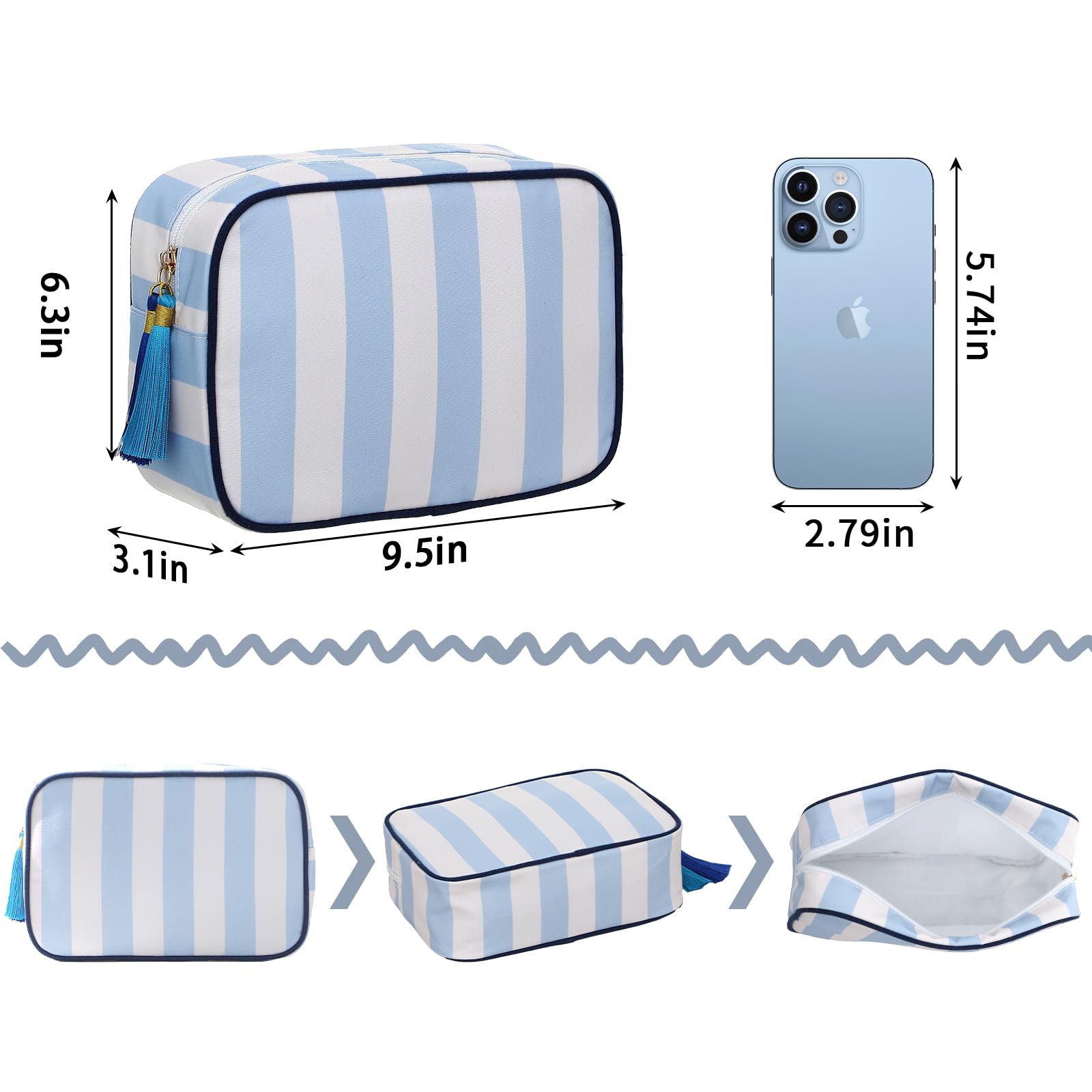 EMBRUNIOICE Stripe makeup bag reinforced sides, keeps contents secure when opened.
