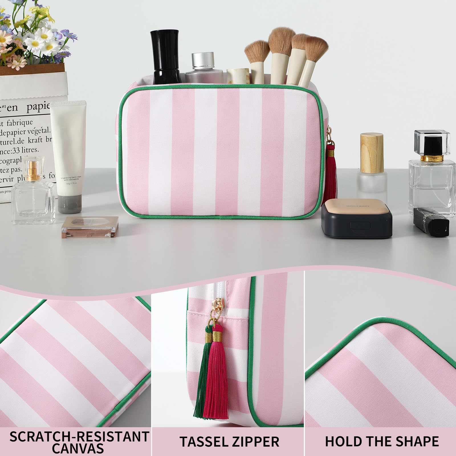 EMBRUNIOICE Stripe Makeup Bag size 9.4 x 6.1 x 3.1 inches offers ample storage.