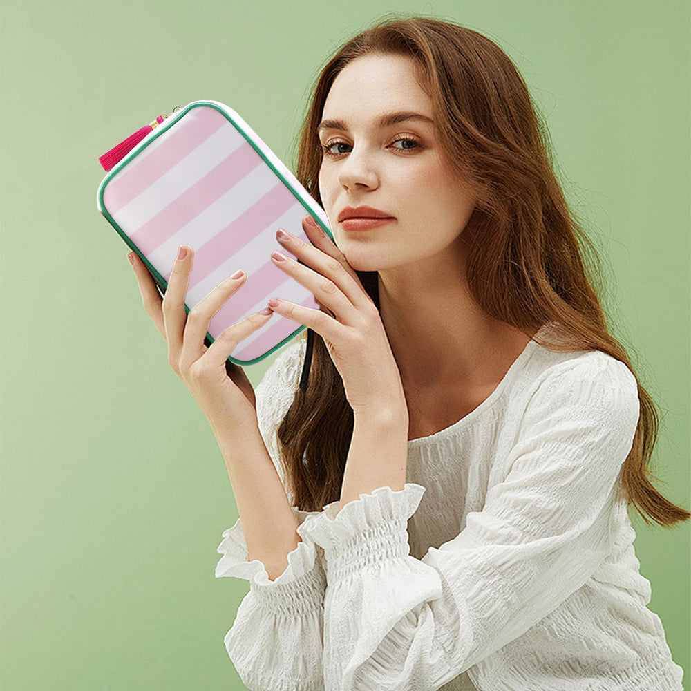 EMBRUNIOICE Stripe Makeup Bag styled on vanity for everyday use.
