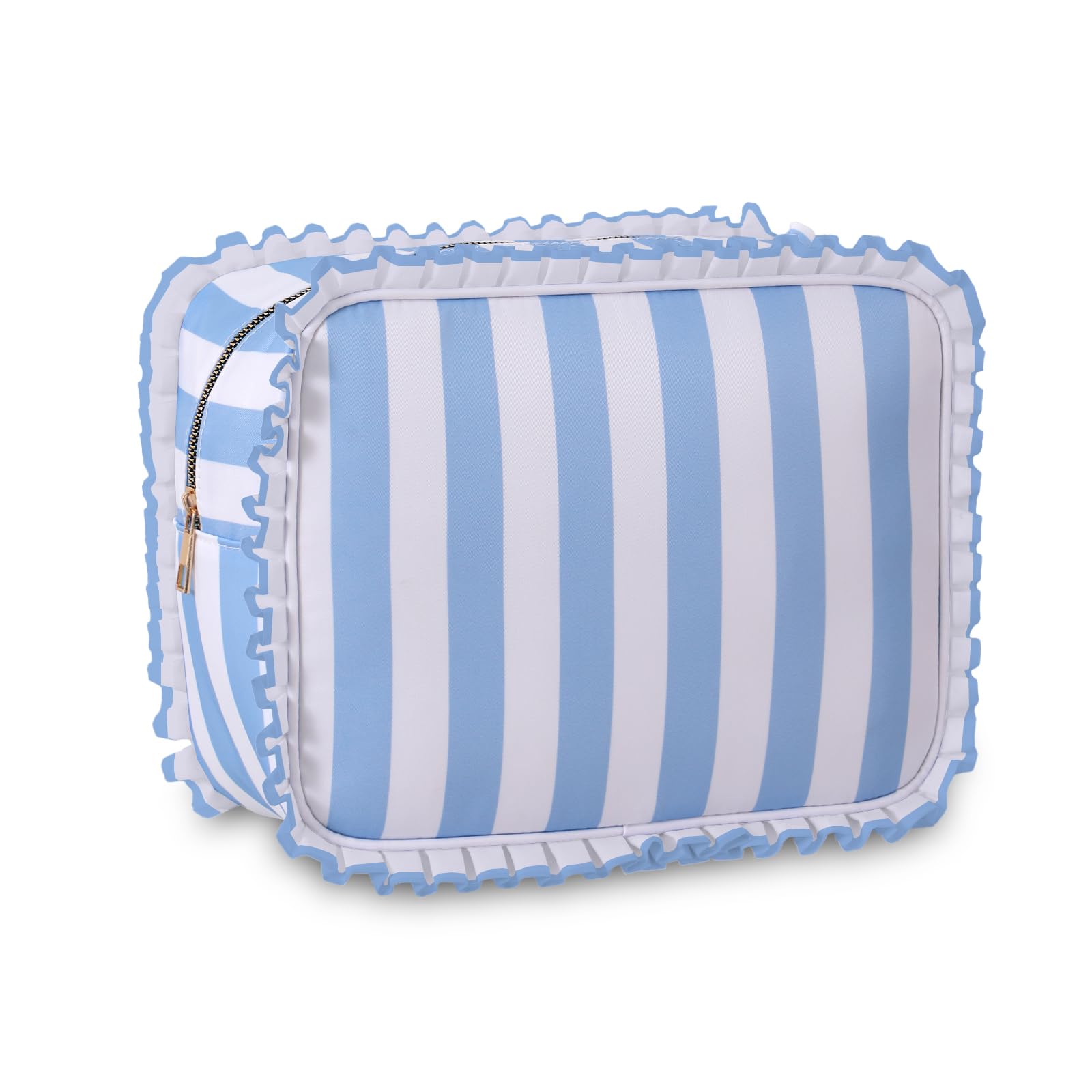 EMBRUNIOICE Stripe Ruffle Makeup Bag front view for travel-ready organization and style.