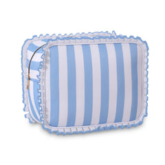 EMBRUNIOICE Stripe Ruffle Makeup Bag front view for travel-ready organization and style.