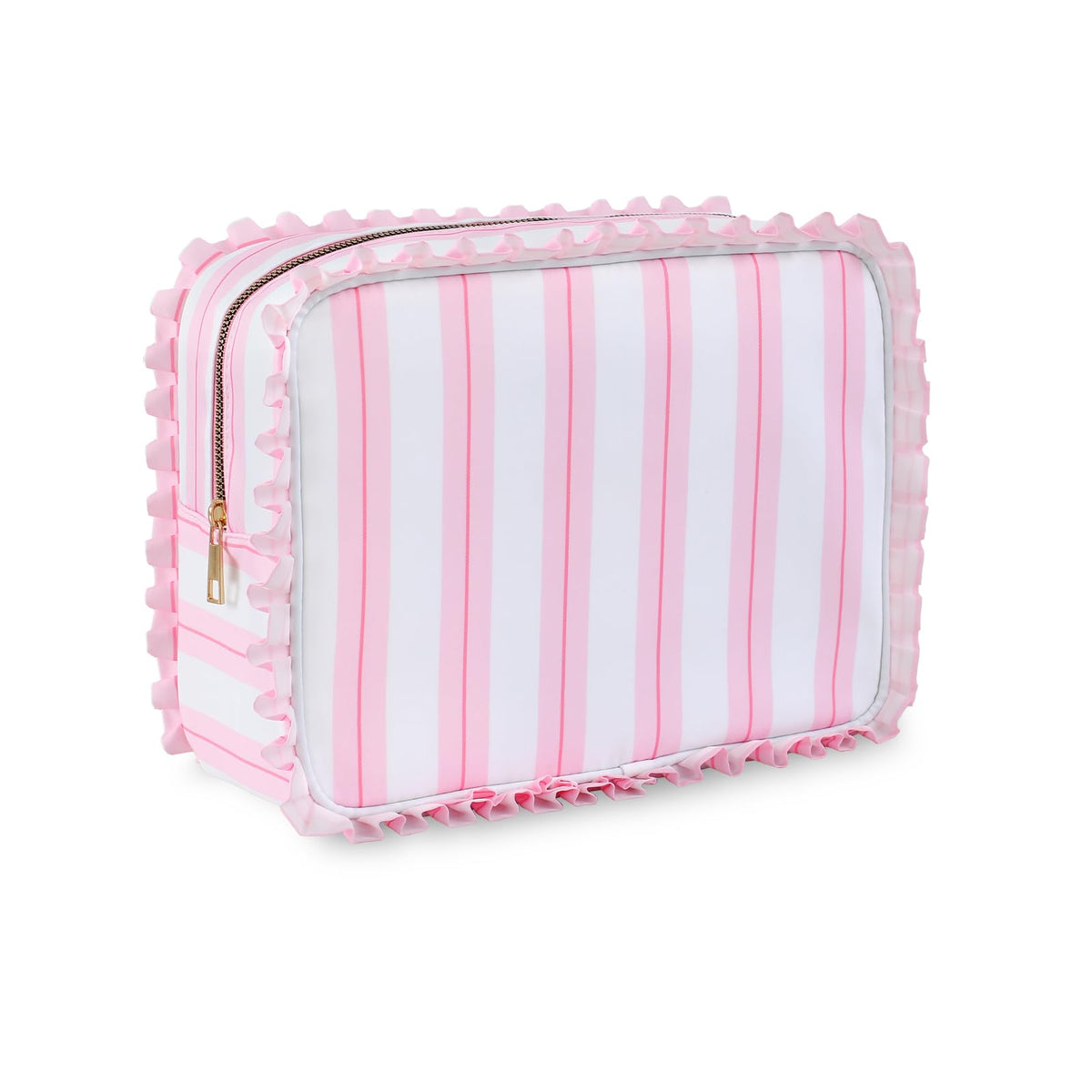 Embrunioice stripe-ruffle-makeup-bag keeps cosmetics organized for stylish travel.